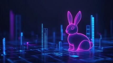 Abstract glowing Easter rabbit, holographic elements and digital cityscape, mix of tradition and technology