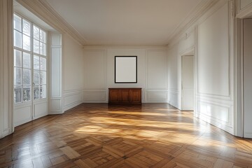 Fototapeta premium Elegant room showcases a hardwood floor a cabinet and a picture