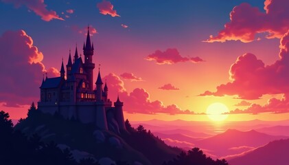 Beautiful anime-style castle silhouette against vibrant sunset sky with dramatic clouds, dramatic, sky