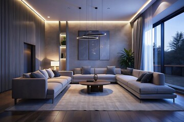 Serene twilight embraces a modern living space, bathed in soft light, showcasing a plush sectional sofa and sleek minimalist decor.
