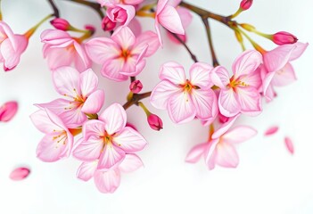 Delicate pink blossoms, vibrant petals, soft white backdrop, flora, closeup