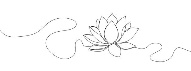 Single line, continuous, lotus flower line art vector illustration with transparent background editable stroke.
