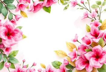 Obraz premium Delicate pink floral watercolor frame with lush leaves and soft washes, border, shabby chic