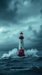 Obraz premium Dark, stormy clouds rage over a lone, flooded lighthouse, waves crashing, hurricane, clouds, wind