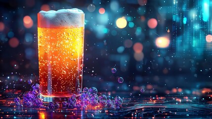 Illuminated beer glass with bokeh background.