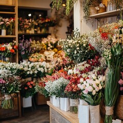 florist shop interior with neatly arranged bouquets and creative floral decor