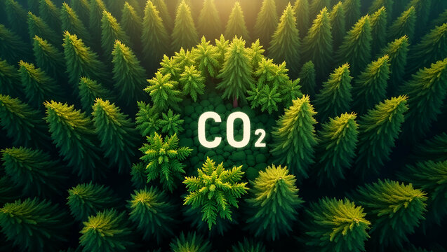 Forest top view with CO2 reduction icon representing environmental protection sustainable growth and green business initiatives. concept as Visual concept emphasizing renewable energy solutions mitiga