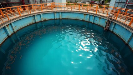 Large Circular Water Tank with Orange Railings in Industrial Setting
