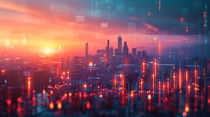 Fototapeta premium High resolution conceptual rendering of thriving economy with glowing geometric skyscrapers digital trade and financial prosperity indicators