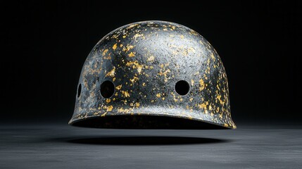 Fototapeta premium A vintage helmet with a worn, textured surface, suspended against a dark background, showcasing its historical significance and craftsmanship.
