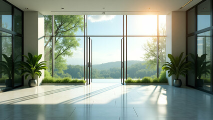 Fototapeta premium Bright modern lobby large glass windows greenery polished flooring showcasing scenic outdoor view concept as Modern lobby with large glass windows greenery polished flooring and scenic outdoor view in