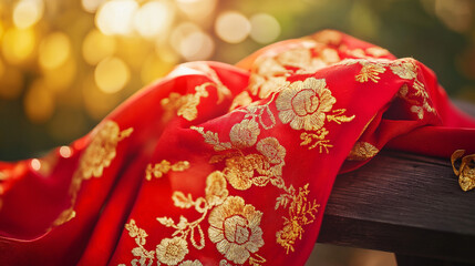 Naklejka premium Vibrant red scarf with golden embroidery symbolizes youth and hope, evoking warmth and inspiration.