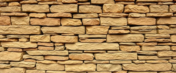 Obraz premium Horizontal rustic stacked stone wall background texture, close-up, uneven