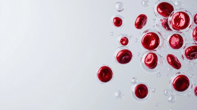 Close-up of red blood cells floating inside transparent bubbles, glowing softly against a white background.