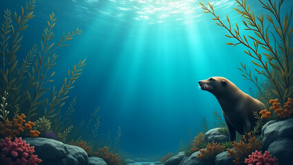Obraz premium Sea lion and kelp forest border frame with copy space for World Wildlife Day marine biodiversity concept as Sea lion and kelp forest elements creating a border with copy space for marine biodiversity 