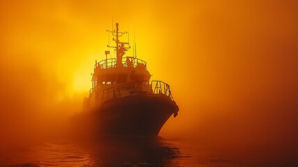 Obraz premium Silhouette of a ship in orange fog at sunrise.