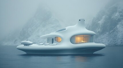 A futuristic white yacht floats on calm water near mountains