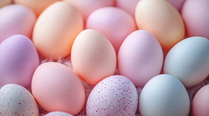 A vibrant collection of pastel-colored eggs perfect for Easter-themed designs, celebrations, and festive decor, offering ample space for text.