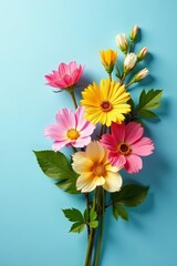 Beautiful floral arrangement on a soft blue backdrop, design, blooming