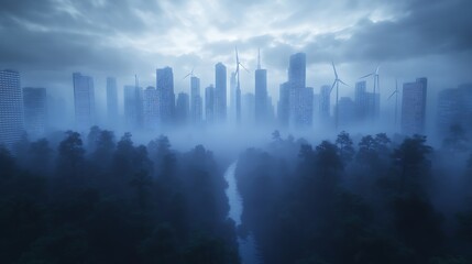 Fototapeta premium Futuristic city skyline with wind turbines surrounded by misty forest and a river.