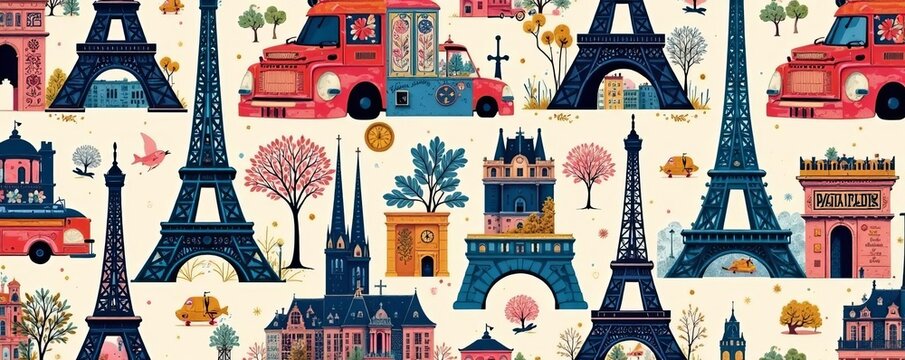 Chic repeat pattern featuring famous attractions of Paris, travel, tourism, vector