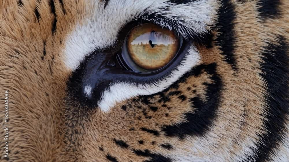 Poster close-up video shot of a tiger's eye, capturing intricate fur patterns and reflections, emphasizing 