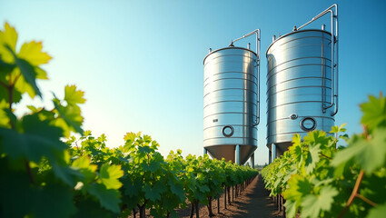 Flat Metallic Fermentation Tanks Amidst Lush Grape Leaves: A Winemaking Harmony