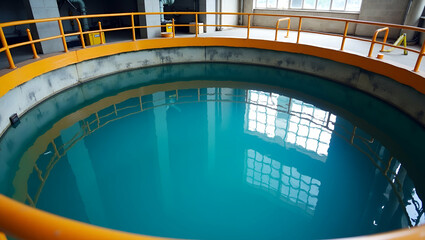 Large Circular Water Tank with Bright Orange Railings: A Cute Vector Illustration for Water Treatment