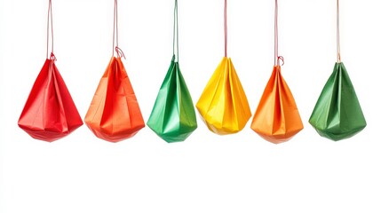 Vibrant Colored Bags Hanging Against White Background