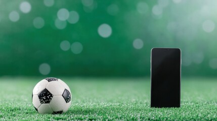 Football and smartphone side by side on the green pitch, with a blurred stadium in the background.