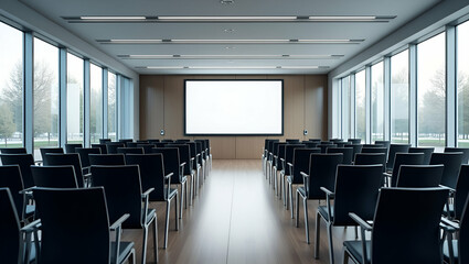 Contemporary Conference Room Design: Black Chairs, Large Screen & Scenic Tree Views in Vector Art