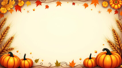 Fototapeta premium Golden Harvest Wheat and Vibrant Pumpkins Frame: Festive Copy Space for Thanksgiving Greetings - Perfect for Stock Photos and Seasonal Celebrations