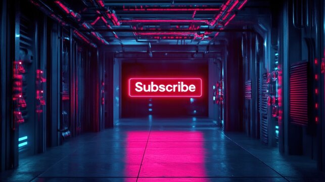 Futuristic digital "Subscribe" button glowing in red, long exposure motion effect, vibrant video end screen