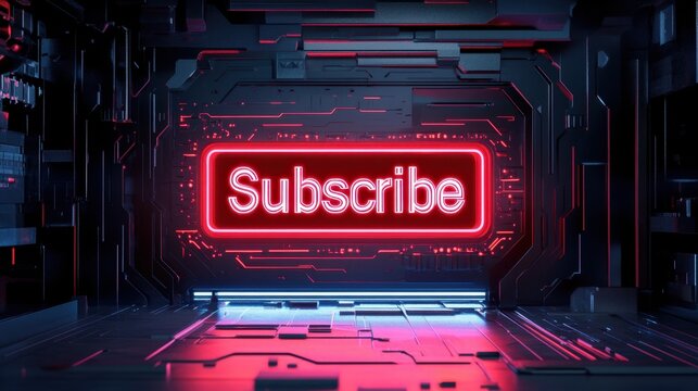 Futuristic digital "Subscribe" button glowing in red, long exposure motion effect, vibrant video end screen