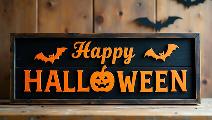 Fototapeta premium Festive Halloween Sign in Black and Orange: Happy Halloween with Decorative Bats on Wooden Background - Perfect Photo Stock Concept with Empty Space for Customization