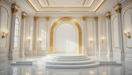 Obraz premium Elegant and Grand Indoor Stage Design with White Marble Steps and Golden Accents in Luxurious Setting