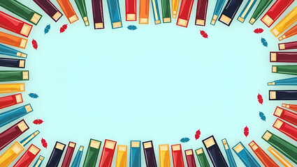 Obraz premium Festive International Book Day Frame: Decorative Banners & Colorful Books for Messages - Perfect Photo Stock Concept with Empty Space on the Left for Customization