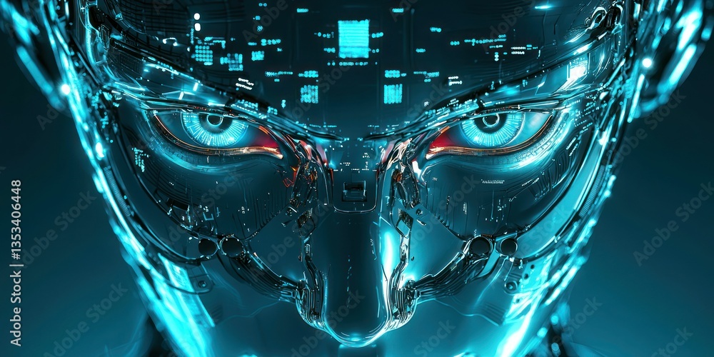 Poster a high-tech robotic face with illuminated eyes, symbolizing artificial intelligence
