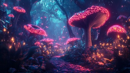 Psychedelic mushroom forest with fairy lights for a trippy music visualizer full of vibrant energy