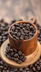 Fototapeta premium Wooden cup overflowing with dark roasted coffee beans, rustic, drinkware