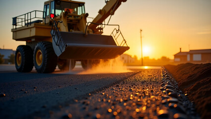 Dynamic Sunset Illustration of Asphalt Pouring: Capturing Active Construction and Infrastructure Development Under Warm Evening Light - Photo Stock Concept with Empty Space for Customization