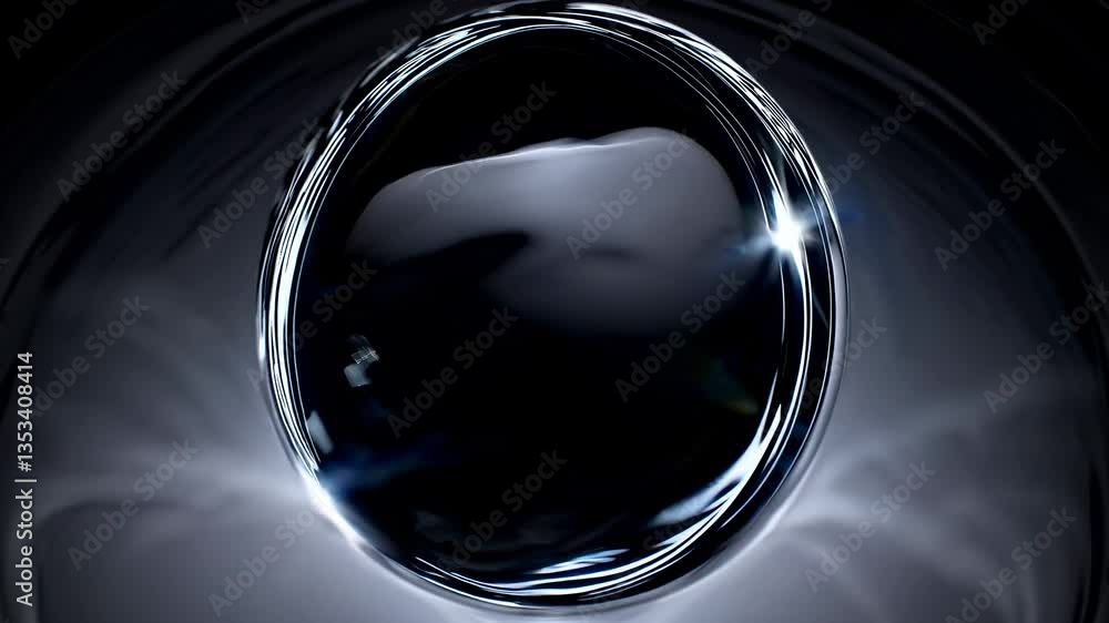 Poster abstract video concept with a top-down angle, showcasing a glossy, reflective black surface with cir