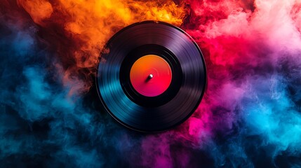 Retro vinyl record spinning with colorful smoke for a music review banner full of nostalgia