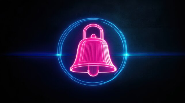 Neon notification bell icon pulsing with energy, long exposure light streaks, 4K YouTube outro