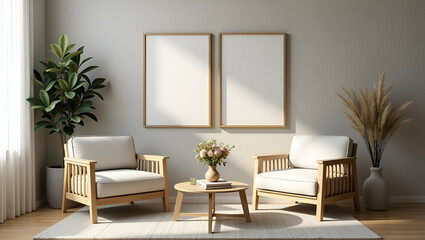 Cozy and Stylish Living Room Decor: Chairs, Picture Frames, and Flower Vases in Photo Stock