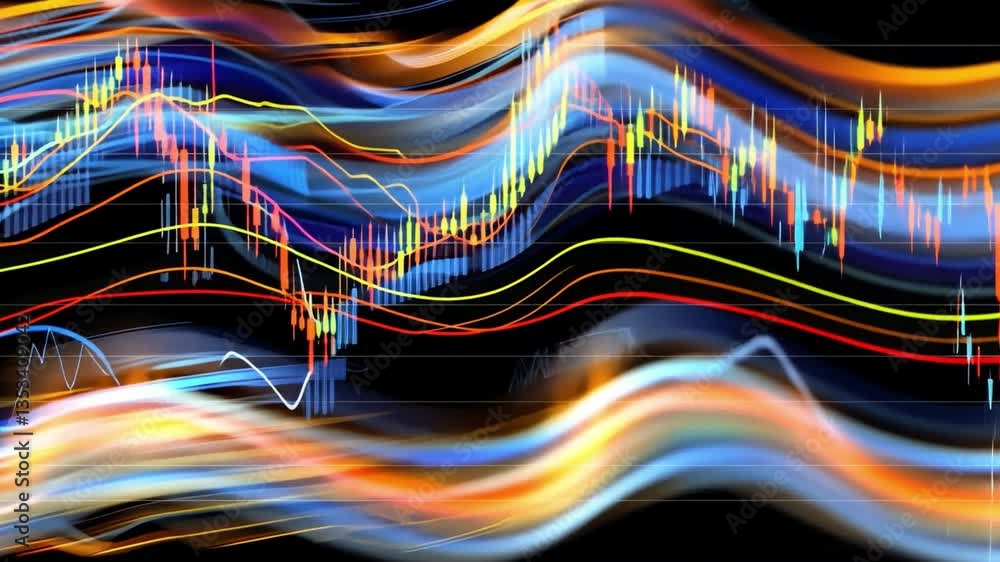 Poster dynamic financial data visualization colorful wave patterns and abstract lines showcasing market tre