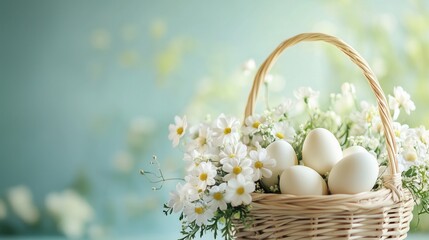 Wicker basket holds white Easter eggs surrounded by white daisies. Soft green blurred background creates a fresh and festive spring holiday scene.