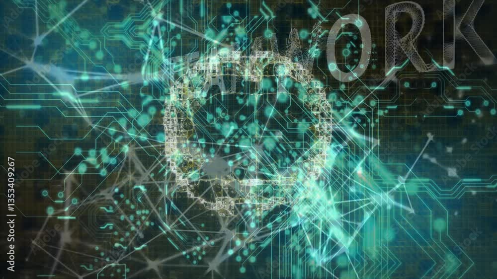 Poster animation of abstract globe forming with digital network and circuitry patterns