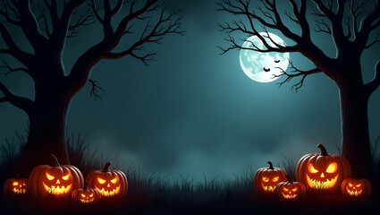 Gnarled Haunted Trees and Carved Pumpkins Frame Eerie Copy Space for Halloween Messages