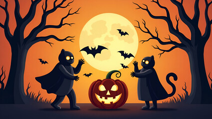 Flat Vector illustration Happy Halloween (trick or treat) celebration with the characters for party invitation such as poster banners webpage flyer brochure card concept as Vector illustration of Happ